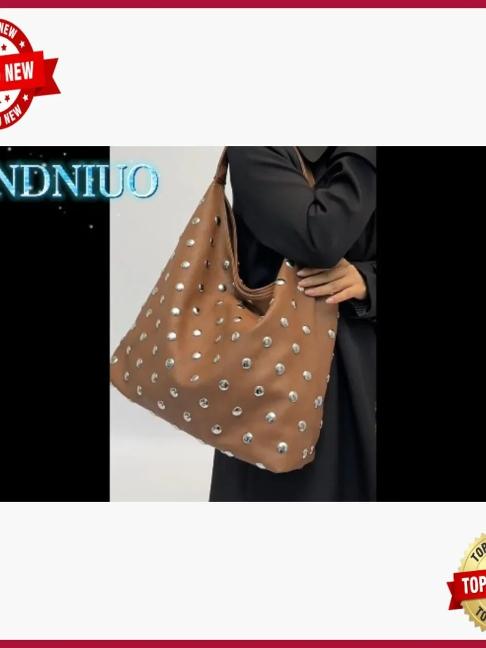 Large Vegan Leather Studded Hobo Bag with Faux Fur Lining